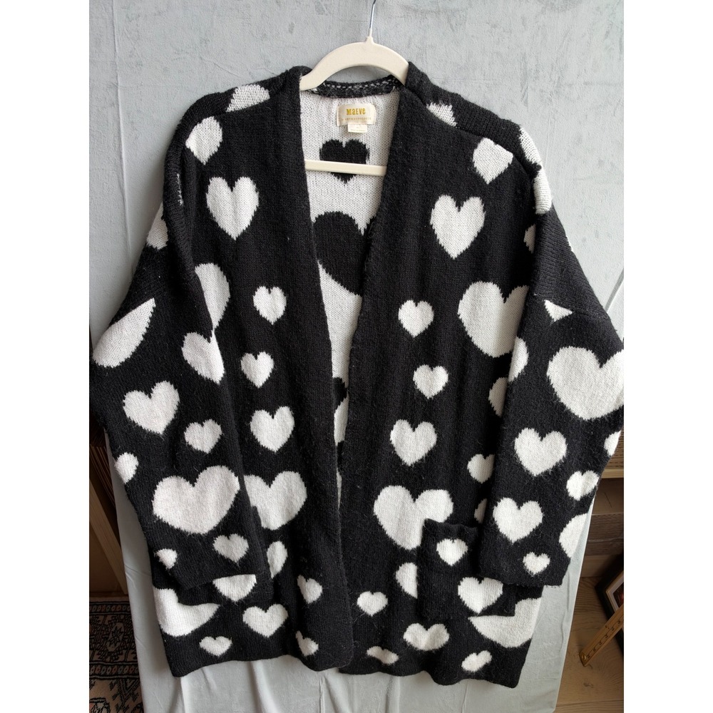 Maeve Anthropologie Heart Cardigan Women M/L Black White Coquette Oversized Knit